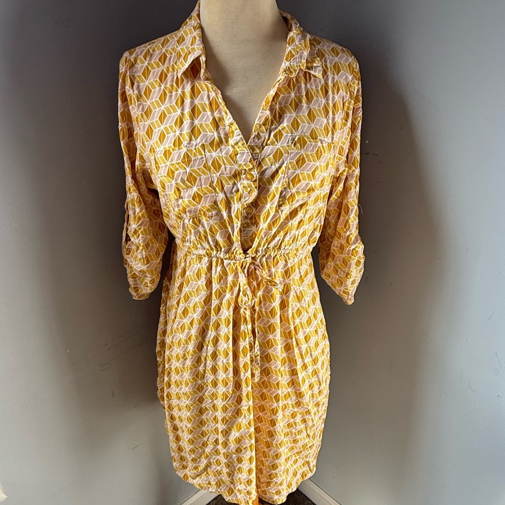 Mustard and Pink Geometric Pattern Shirt Dress Large